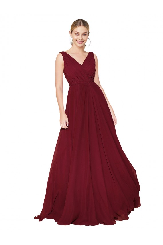 Draped A-Line V-Neck Floor Length Chiffon Prom Dress for Sale