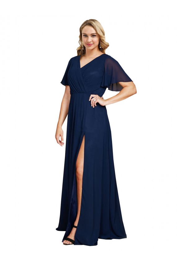 Chiffon V-Neck Short Sleeves Long Prom Dress with High Slit for Sale