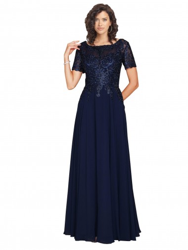 Short Sleeves A-Line Long Chiffon Prom Dress with Beaded Bodice for Sale