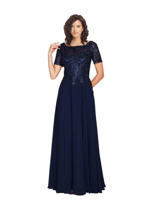 Short Sleeves A-Line Long Chiffon Prom Dress with Beaded Bodice for Sale