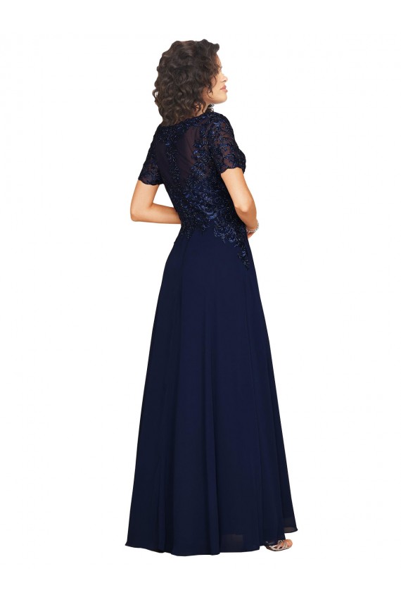 Short Sleeves A-Line Long Chiffon Prom Dress with Beaded Bodice for Sale