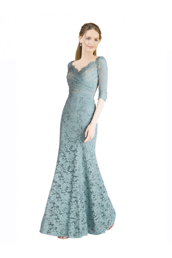 Half Sleeves Pleated Lace Prom Dress with Wrap-Around Portrait Neckline for Sale