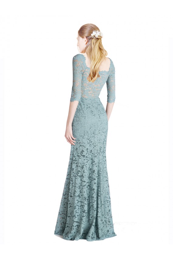 Half Sleeves Pleated Lace Prom Dress with Wrap-Around Portrait Neckline for Sale