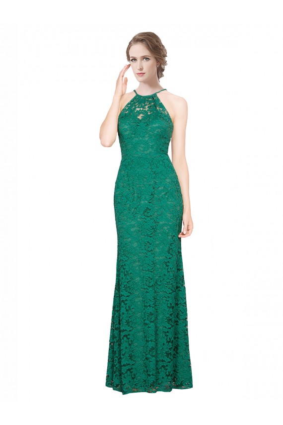 High Illusion Halter Neck Long Lace Prom Dress for Sale