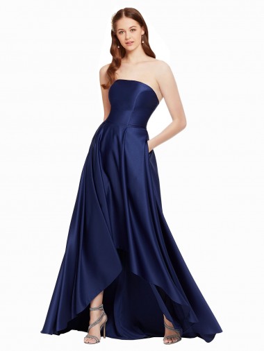 High Low Strapless Satin Prom Dress with Pockets for Sale