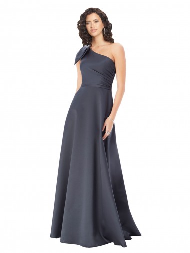 Rouched One Shoulder Floor Length Satin Prom Dress with Bow for Sale