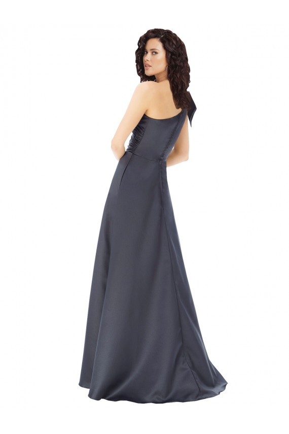 Rouched One Shoulder Floor Length Satin Prom Dress with Bow for Sale