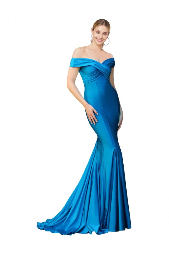 Off the Shoulder Long Chapel Train Satin Prom Dress for Sale