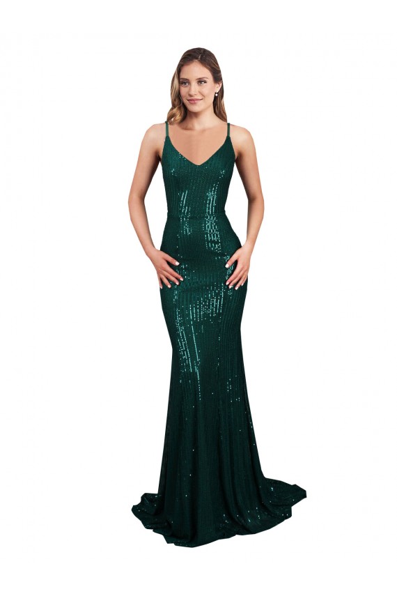 Fishtail Shaped V-Neck Open Back Long Sequin Prom Dress for Sale