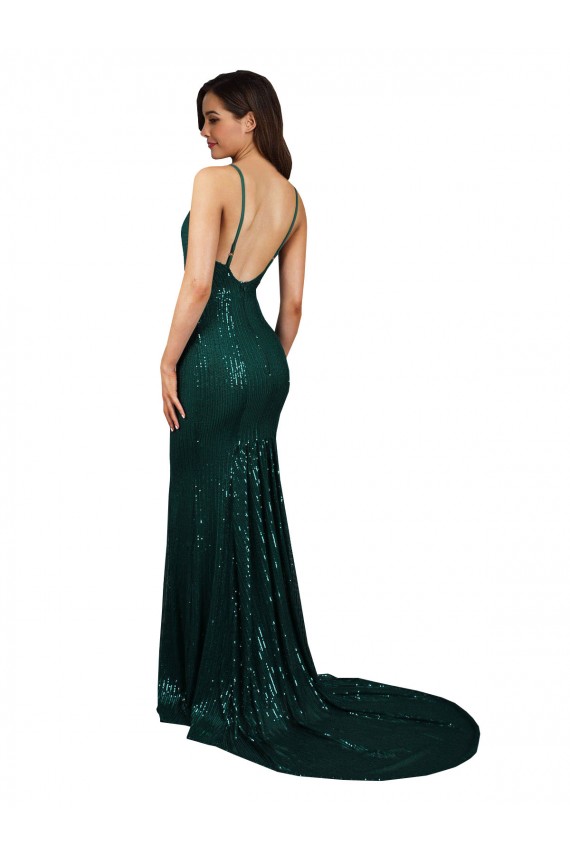 Fishtail Shaped V-Neck Open Back Long Sequin Prom Dress for Sale