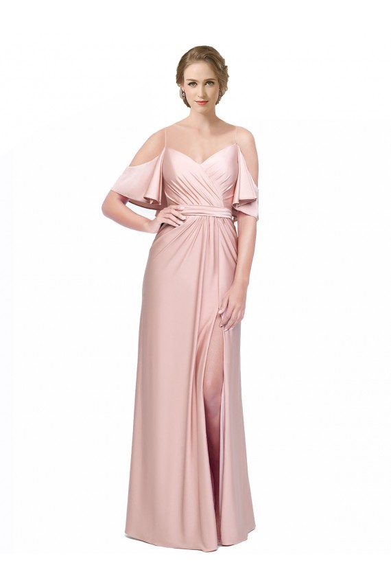 Draped Cold Shoulder Sleeves Long Silky Satin Prom Dress with Slit and Tie Back for Sale