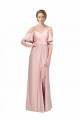 Draped Cold Shoulder Sleeves Long Silky Satin Prom Dress with Slit and Tie Back for Sale