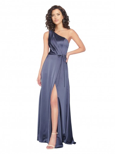 Draped Silky Satin Prom Dress with Tied Waist for Sale
