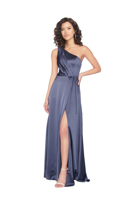 Draped Silky Satin Prom Dress with Tied Waist for Sale