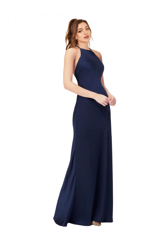 High Neck Satin Prom Dress with Strappy Back for Sale