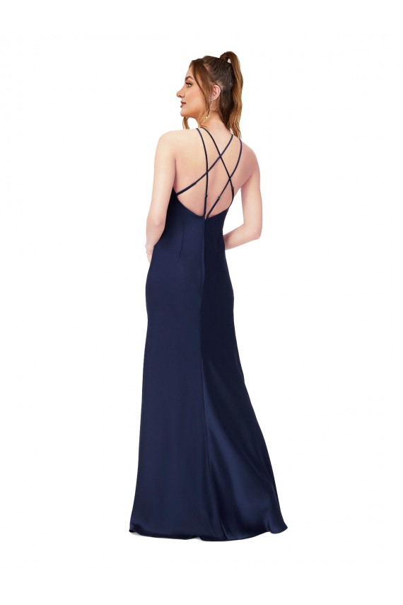 High Neck Satin Prom Dress with Strappy Back for Sale
