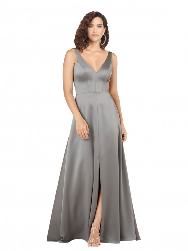 Plunging V-Neckline Long A-Line Silky Satin Prom Dress for Sale