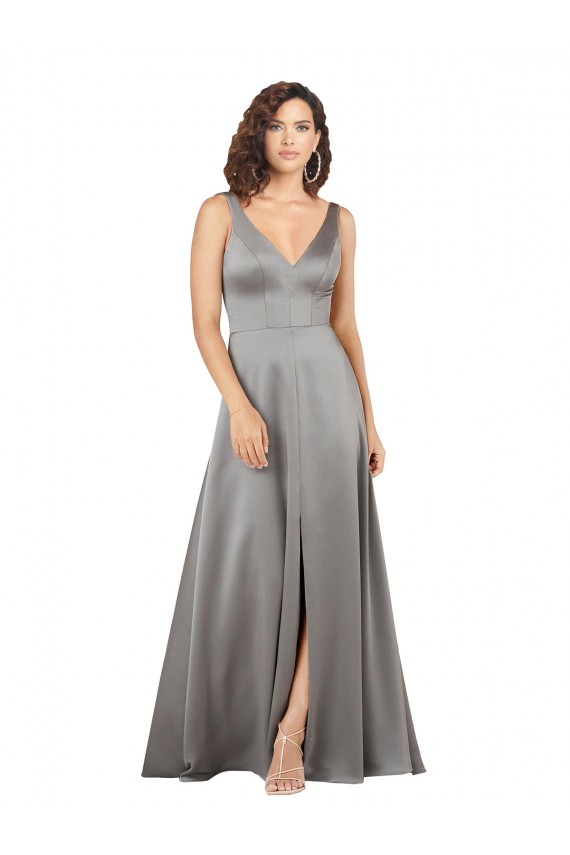 Plunging V-Neckline Long A-Line Silky Satin Prom Dress for Sale