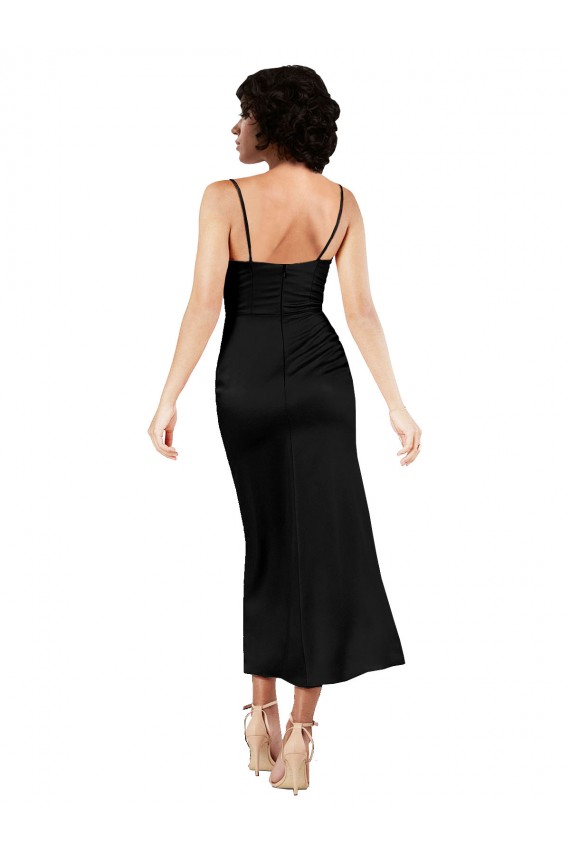 Cowl Neck Tea-Length Short Silky Satin Cocktail Prom Dress / Homecoming Dress with Skirt Slit for Sale