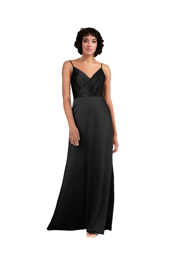 Full Length V-Neckline Silky Satin Prom Dress with Spaghetti Straps for Sale