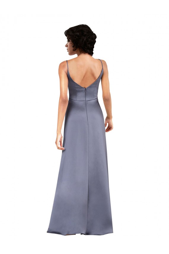 Full Length V-Neckline Silky Satin Prom Dress with Spaghetti Straps for Sale
