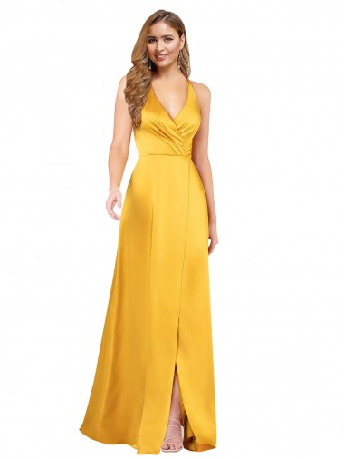 Halter A-Line Silky Satin Prom Dress with V-Neckline and Slit for Sale