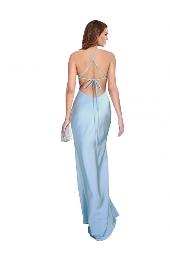 Open Back with Ties Cowl Neck Sheath Silky Satin Long Bridessmaid Dress for Sale