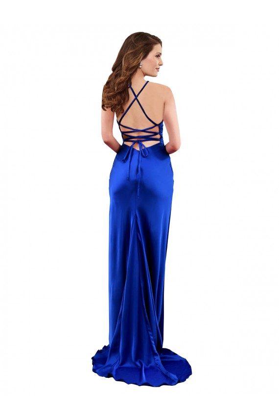 Open Back Cowl Neck Long Silky Satin Prom Dress for Sale