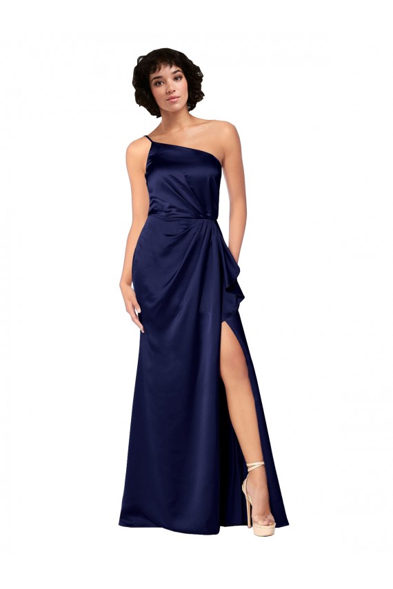 One Shoulder Silky Satin Prom Dress with Skirt Slit for Sale