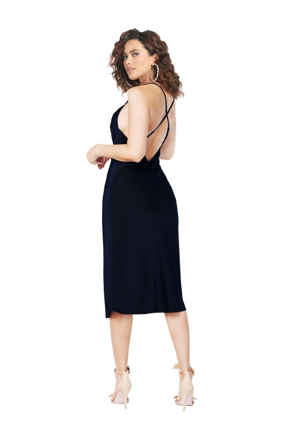 Short Midi Length Silky Satin Cocktail Prom Dress / Homecoming Dress with Cowl Neck and Cross Back Straps for Sale