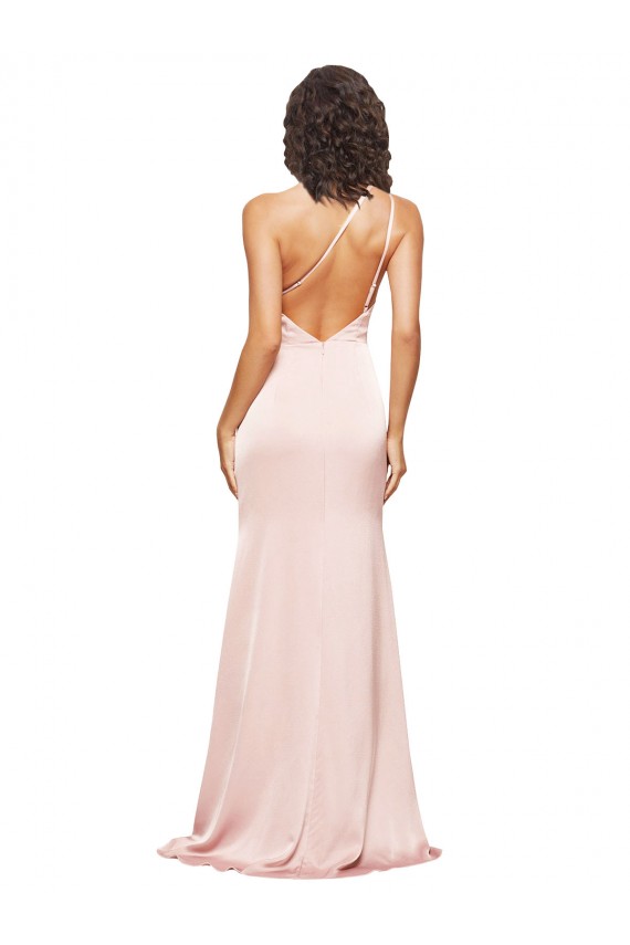 Full Length Ruched Silky Satin Prom Dress with Low Back and High Split for Sale