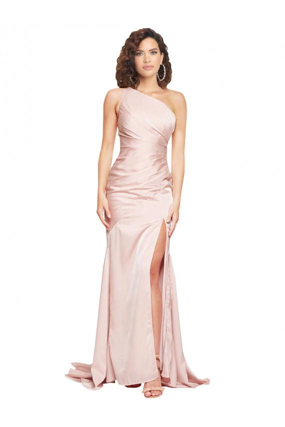 Full Length One Shoulder Long Silky Satin Prom Dress with High Split for Sale