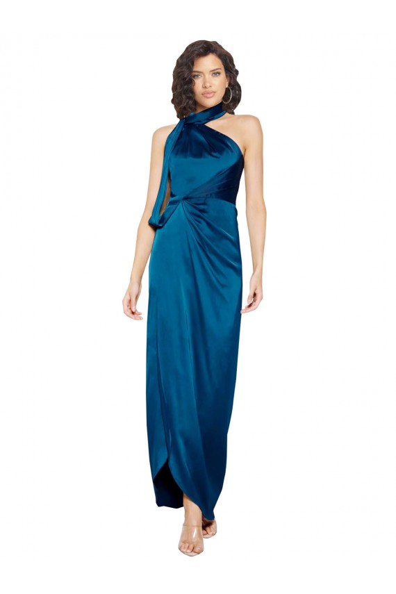 High Halter Neck Silky Satin Prom Dress with Sash Overlay and Side Split for Sale