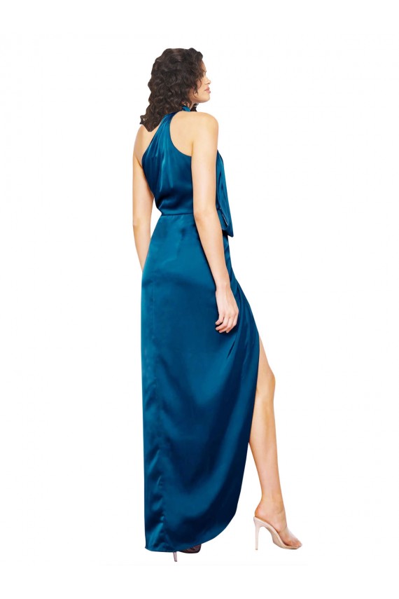 High Halter Neck Silky Satin Prom Dress with Sash Overlay and Side Split for Sale