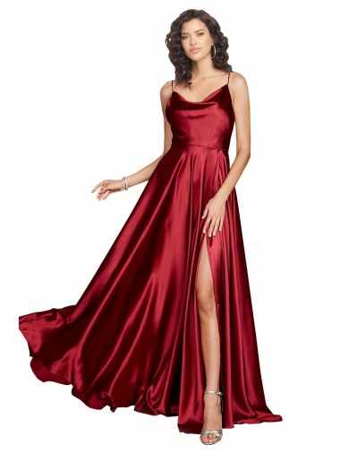 Cowl Neckline Long Silky Satin Prom Dress with Spaghetti Straps for Sale