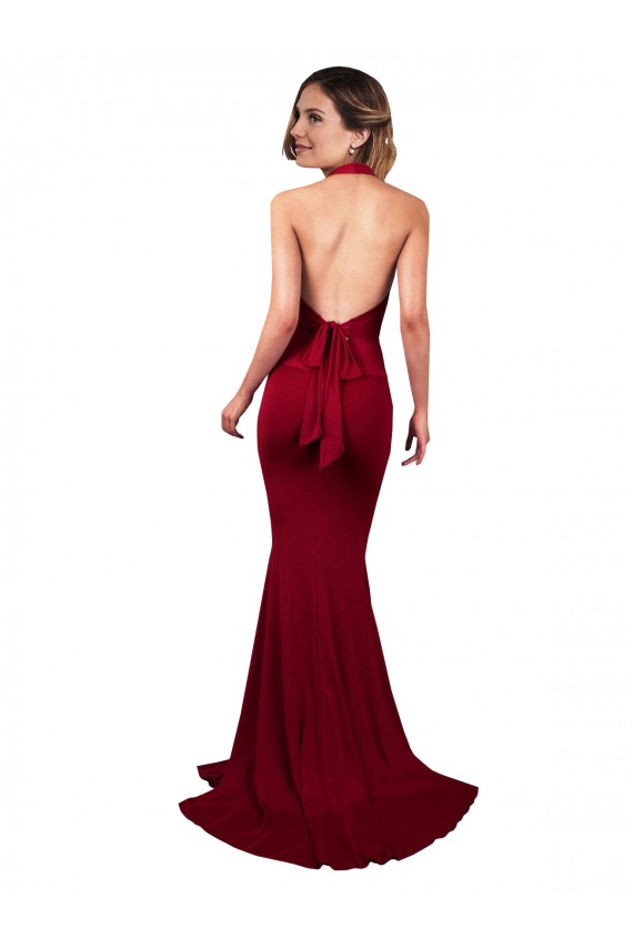 Halter Mermaid Plunge V-Neckline Open Back Bow Tie Spandex Prom Dress for Sale