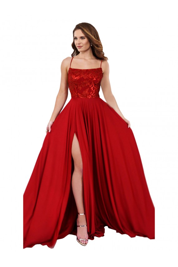 Lace Over Bodice Long Spandex Prom Dress with Slit for Sale