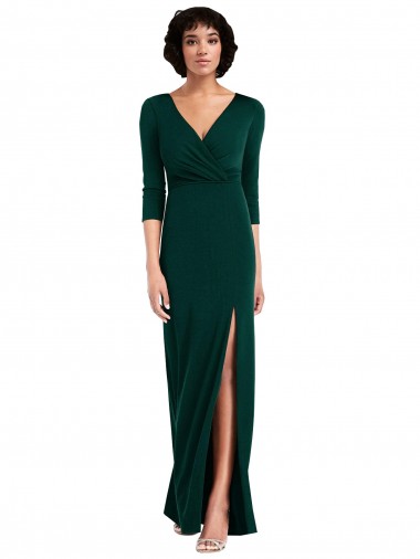 Floor Length 3/4 Sleeves V-Back Draped Wrap Maxi Spandex Prom Dress for Sale