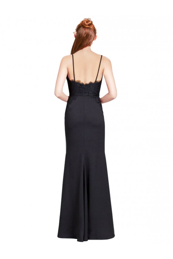 Long Chiffon Prom Dress with Lace Bodice and Curved V-Neckline for Sale