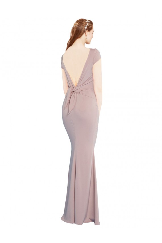 Boat Neck Cap Sleeve Crepe Prom Dress with Plunging Tie Back for Sale