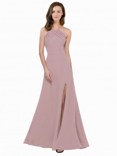 High Neck Crepe Prom Dress with Pleats and Keyhole Back for Sale