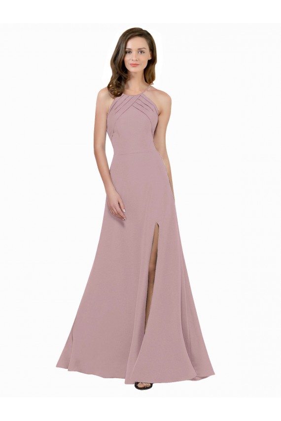 High Neck Crepe Prom Dress with Pleats and Keyhole Back for Sale