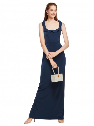 Scoop Neck with Ruffles Long Crepe Prom Dress with Back Slit for Sale
