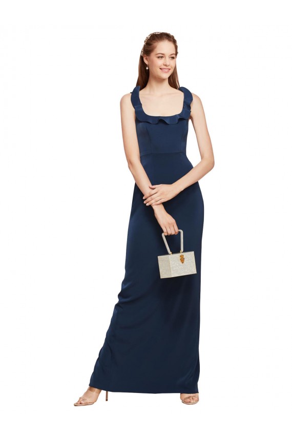 Scoop Neck with Ruffles Long Crepe Prom Dress with Back Slit for Sale
