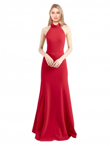 Sleek Fit and Flare High Neck Halter Stretch Crepe Prom Dress with Open Back for Sale