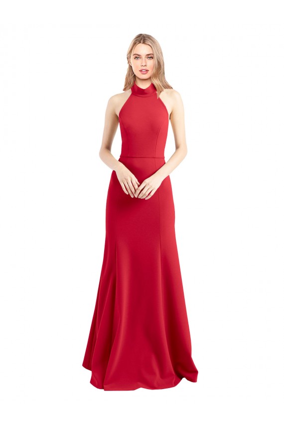 Sleek Fit and Flare High Neck Halter Stretch Crepe Prom Dress with Open Back for Sale