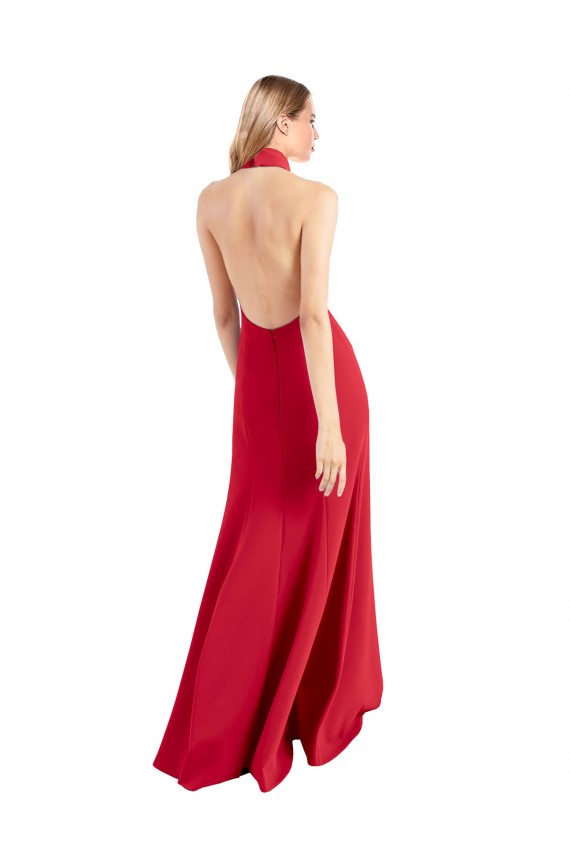 Sleek Fit and Flare High Neck Halter Stretch Crepe Prom Dress with Open Back for Sale