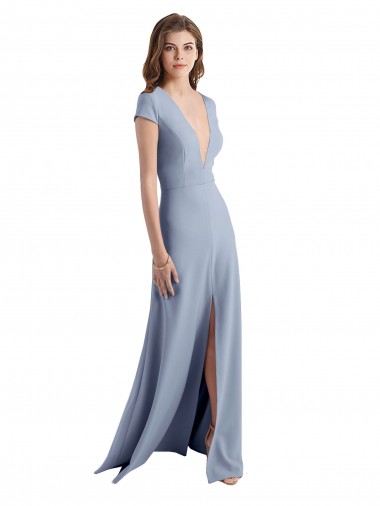 Plunging V-Neck Cap Sleeves Stretch Crepe Prom Dress with Front Slit for Sale