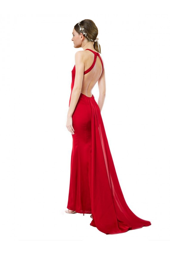 High Neck Mermaid Open Back Crepe Maxi Prom Dress with Train Detail for Sale