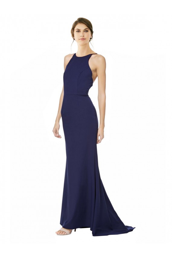 Fishtail High Neck Maxi Crepe Bridesmiad Dress with Strappy Back Detail for Sale
